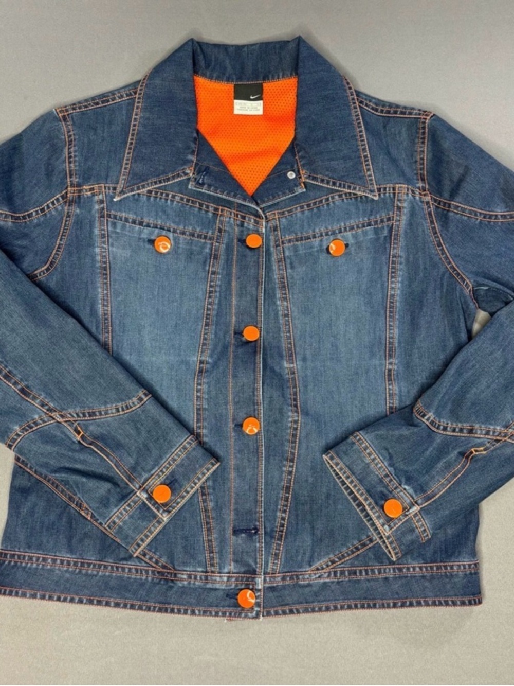 Vintage Nike Blue Denim Jacket with Orange Accents